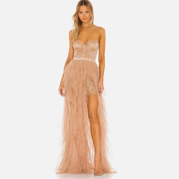 For Love & Lemons X REVOLVE Warm Taupe Nude Lace Strapless Bustier Dress - Picture 1 of 6